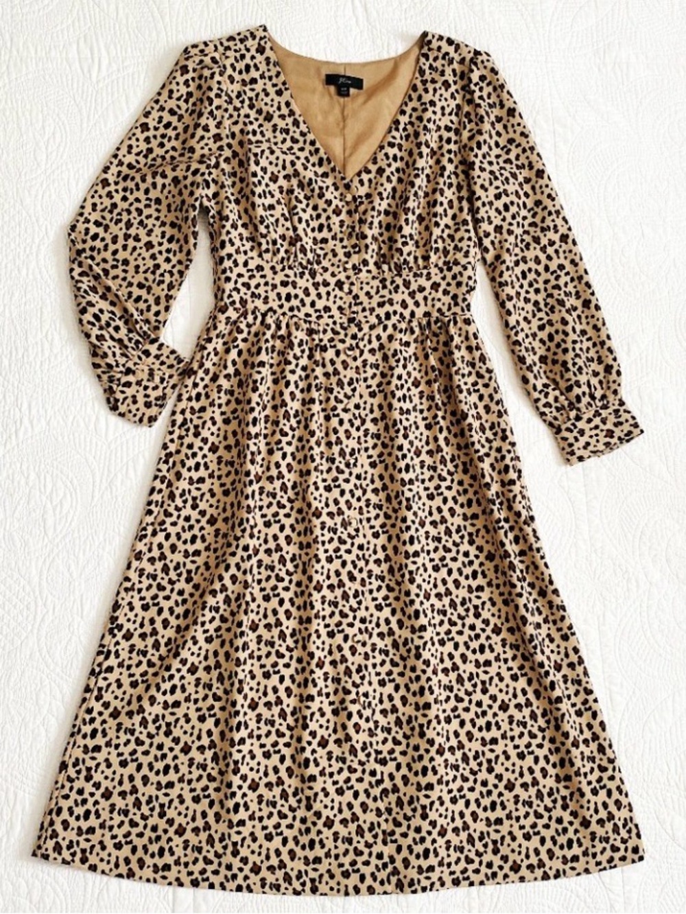 J. Crew Leopard Print Long Sleeve Midi Dress in Beige and Black